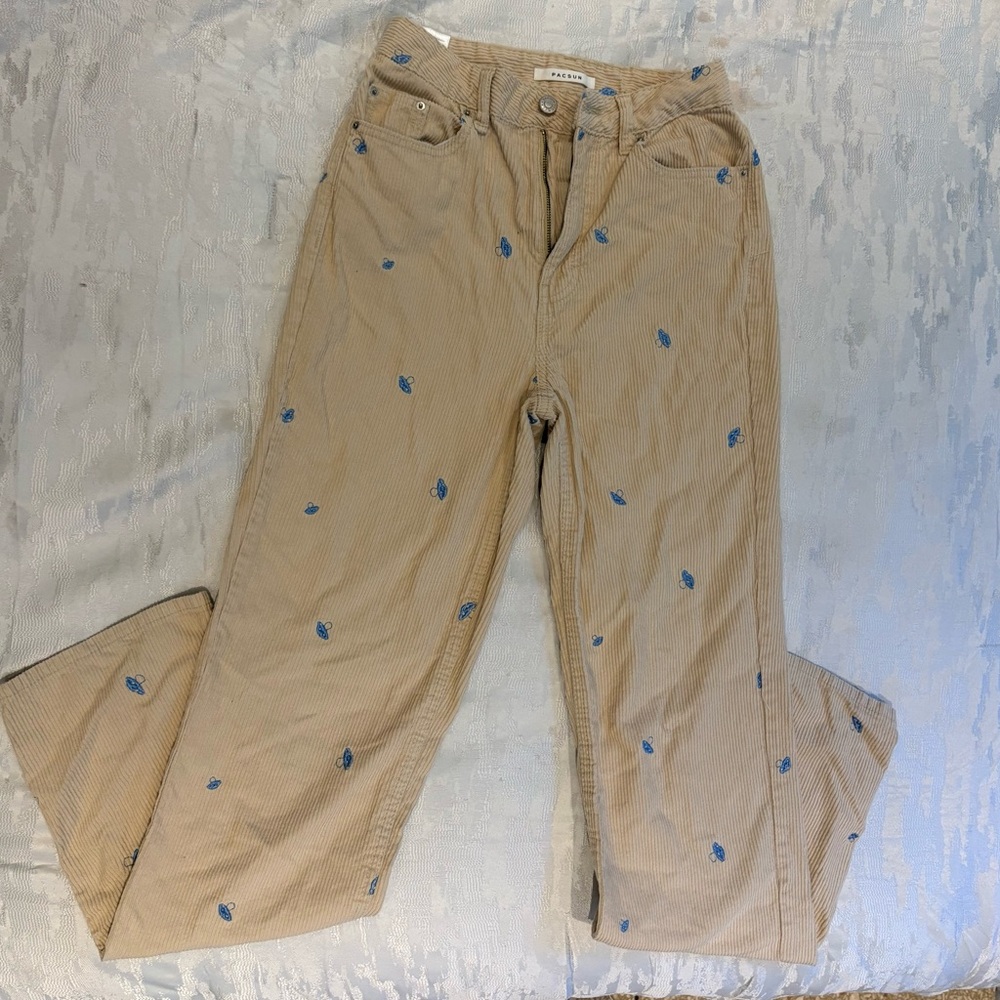 Madewell Beige Corduroy Pants with Blue Embroidery